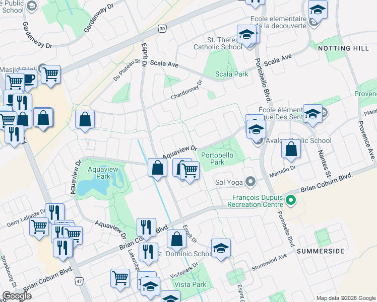 map of restaurants, bars, coffee shops, grocery stores, and more near 634 Aquaview Drive in Ottawa