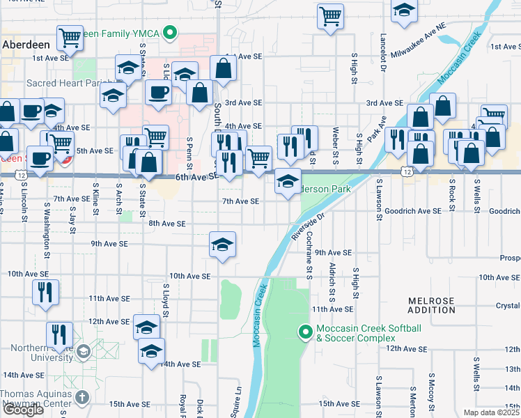 map of restaurants, bars, coffee shops, grocery stores, and more near 706 South Congress Street in Aberdeen