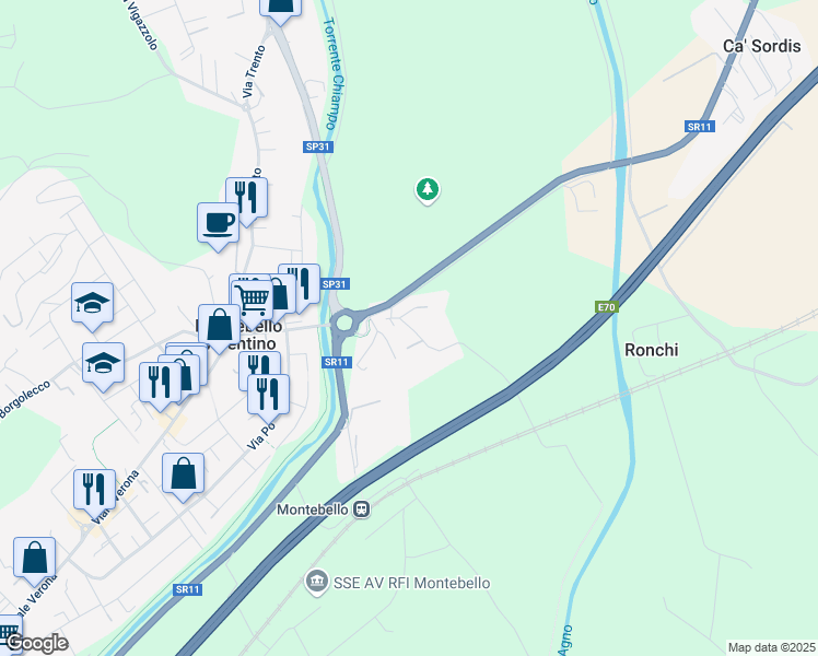 map of restaurants, bars, coffee shops, grocery stores, and more near 94 Via Borgo in Montebello Vicentino