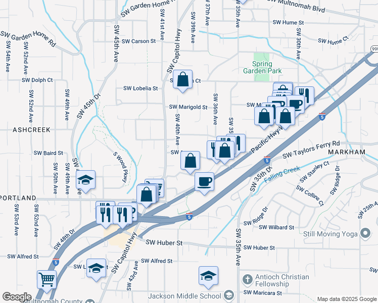 map of restaurants, bars, coffee shops, grocery stores, and more near 3903 Southwest Baird Street in Portland