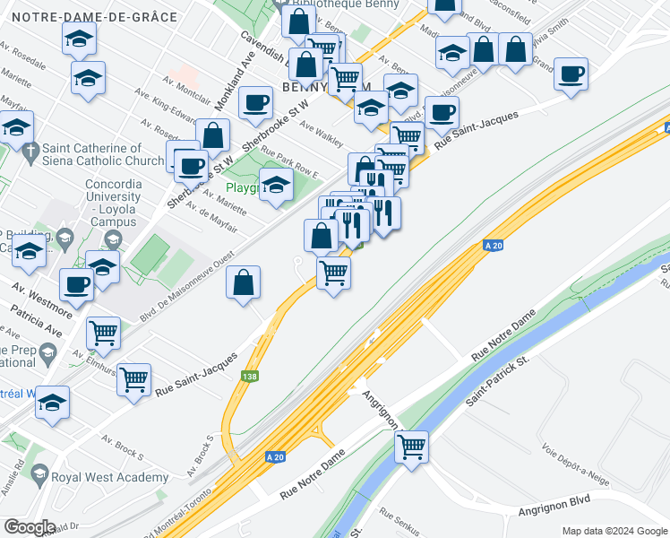 map of restaurants, bars, coffee shops, grocery stores, and more near 6900 St Jacques St in Montreal
