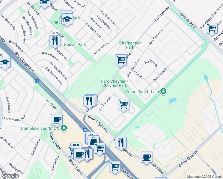 map of restaurants, bars, coffee shops, grocery stores, and more near 4485 Avenue Colomb in Brossard