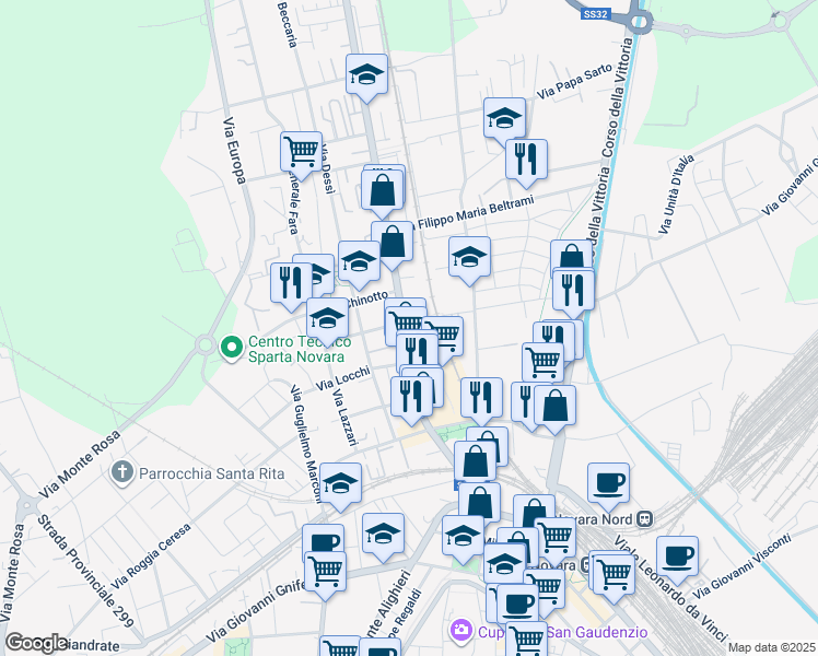 map of restaurants, bars, coffee shops, grocery stores, and more near 42 Corso Risorgimento in Novara