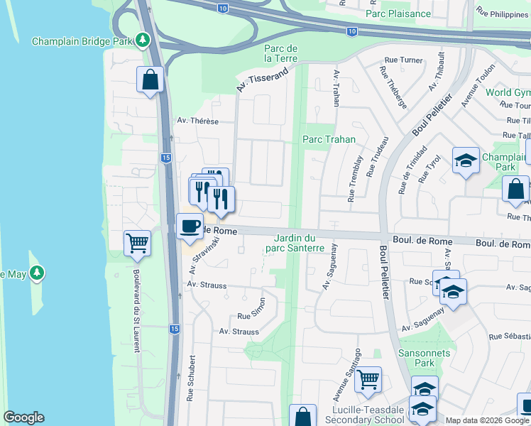 map of restaurants, bars, coffee shops, grocery stores, and more near 1630 Croissant Tolstoi in Brossard