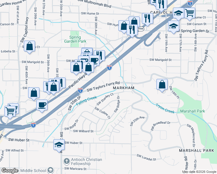 map of restaurants, bars, coffee shops, grocery stores, and more near 2820 Southwest Taylors Ferry Road in Portland
