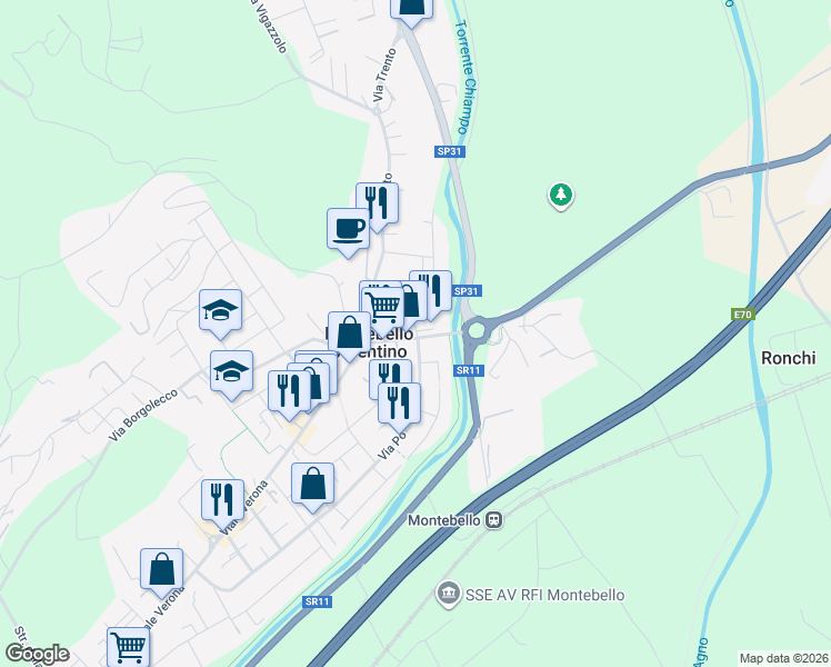 map of restaurants, bars, coffee shops, grocery stores, and more near 8 Via Pesa in Montebello Vicentino