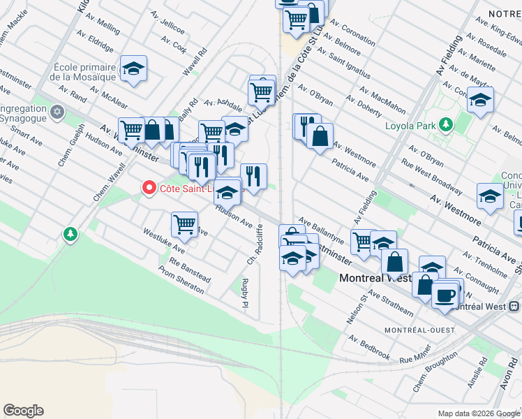 map of restaurants, bars, coffee shops, grocery stores, and more near 419 Westminster North in Montréal-Ouest