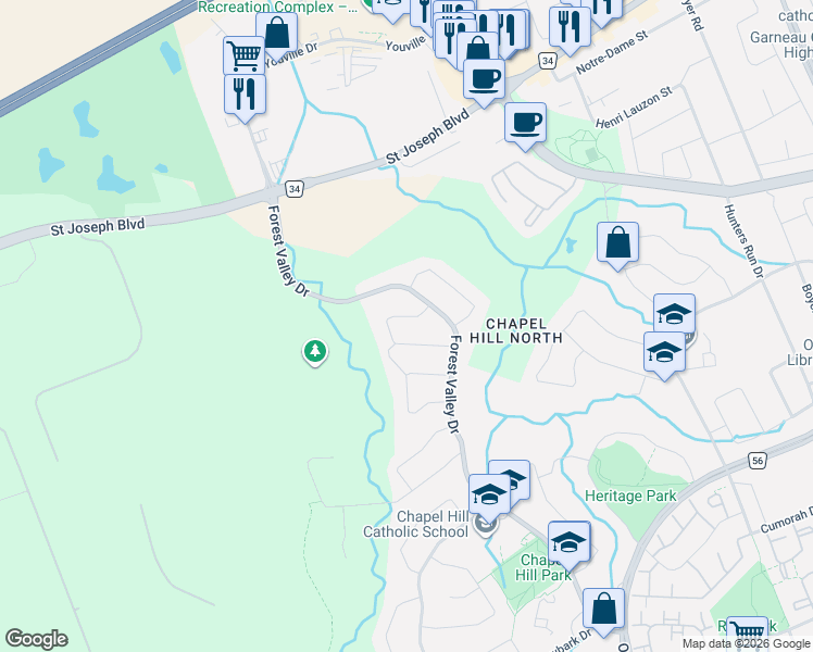 map of restaurants, bars, coffee shops, grocery stores, and more near 6058 Forestglen Crescent in Ottawa