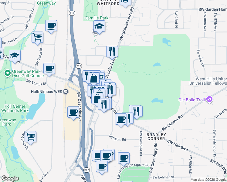 map of restaurants, bars, coffee shops, grocery stores, and more near 8900 Southwest Scholls Ferry Road in Beaverton