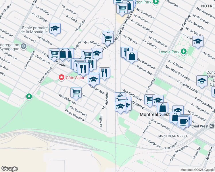 map of restaurants, bars, coffee shops, grocery stores, and more near 419 Westminster North in Montréal-Ouest
