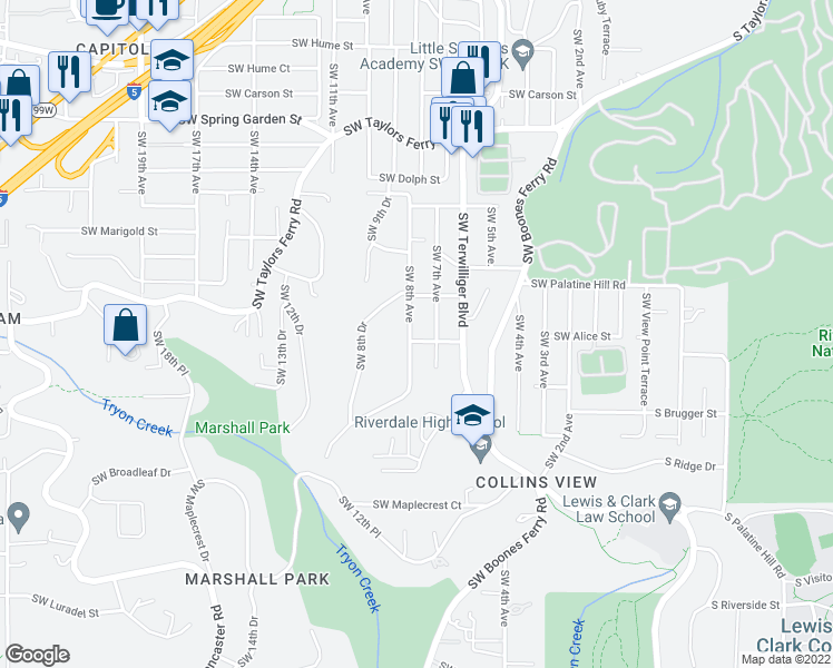 map of restaurants, bars, coffee shops, grocery stores, and more near 9280 Southwest 8th Avenue in Portland