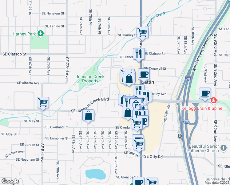 map of restaurants, bars, coffee shops, grocery stores, and more near 7833-7875 Southeast Johnson Creek Boulevard in Portland