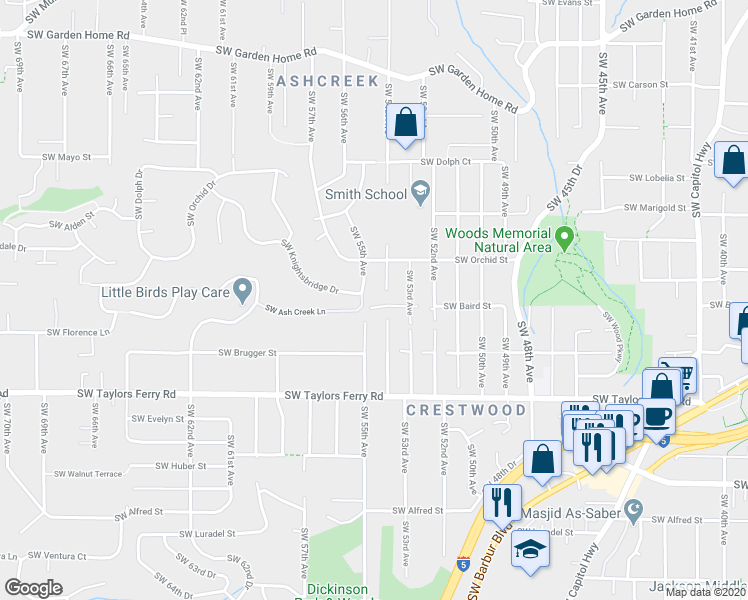 map of restaurants, bars, coffee shops, grocery stores, and more near 5424 Southwest Baird Street in Portland