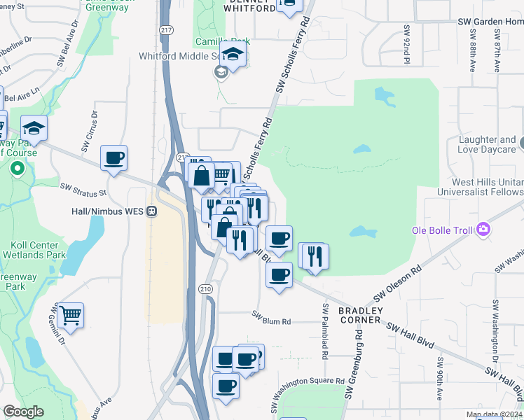 map of restaurants, bars, coffee shops, grocery stores, and more near 8900 Southwest Scholls Ferry Road in Beaverton