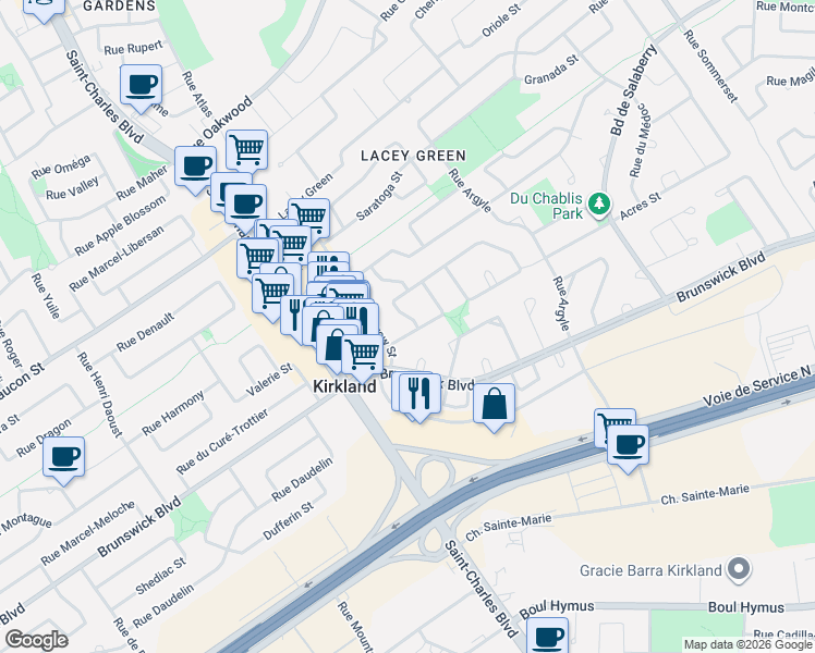map of restaurants, bars, coffee shops, grocery stores, and more near 7 Rue Grilli in Kirkland