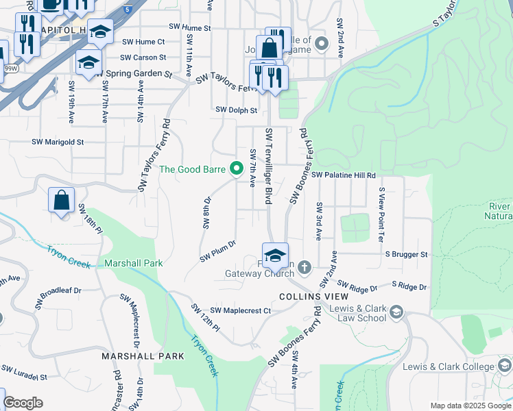 map of restaurants, bars, coffee shops, grocery stores, and more near 9272 Southwest 7th Avenue in Portland