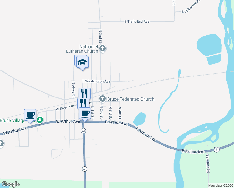 map of restaurants, bars, coffee shops, grocery stores, and more near 821 North 4th Street in Bruce