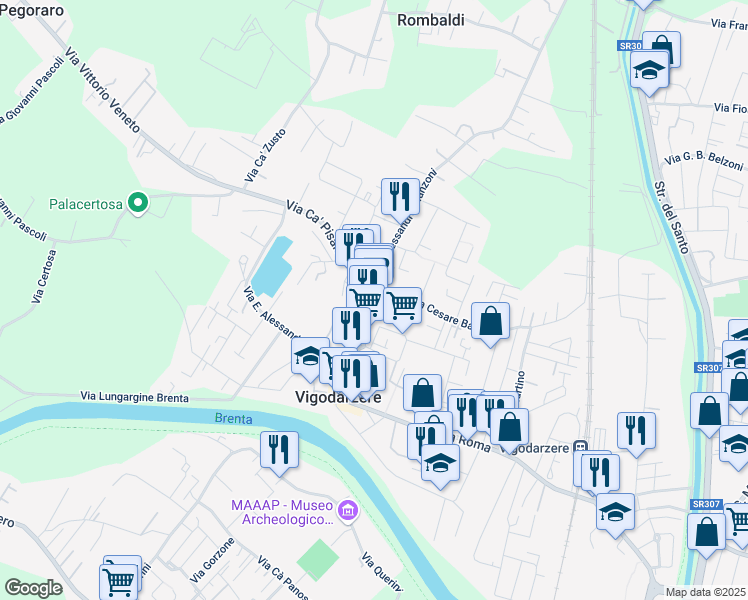 map of restaurants, bars, coffee shops, grocery stores, and more near 350 Via Roma in Vigodarzere