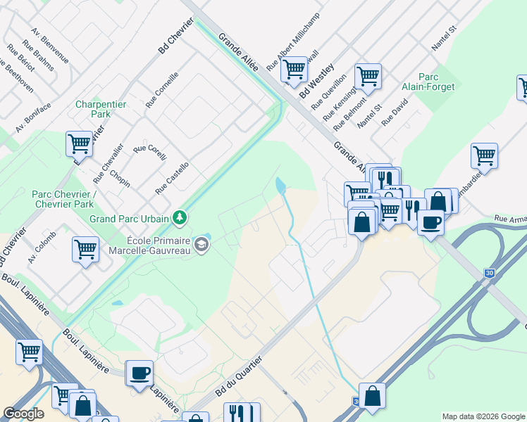 map of restaurants, bars, coffee shops, grocery stores, and more near 1925 Rue Colbeck in Brossard