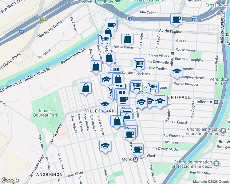 map of restaurants, bars, coffee shops, grocery stores, and more near 6047 Boulevard Monk in Montrã©Al