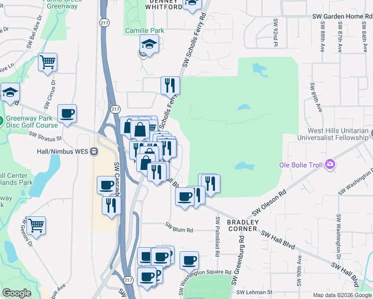 map of restaurants, bars, coffee shops, grocery stores, and more near 8628 Southwest Brightfield Circle in Portland