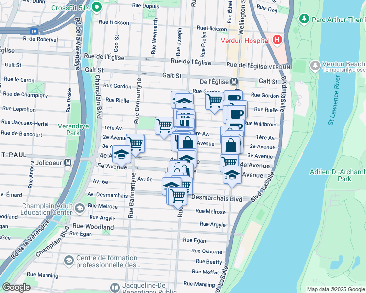 map of restaurants, bars, coffee shops, grocery stores, and more near 4727 Rue de Verdun in Montréal