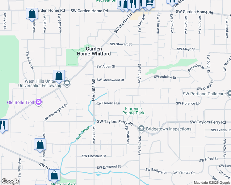 map of restaurants, bars, coffee shops, grocery stores, and more near 7650 Southwest Leslie Street in Portland