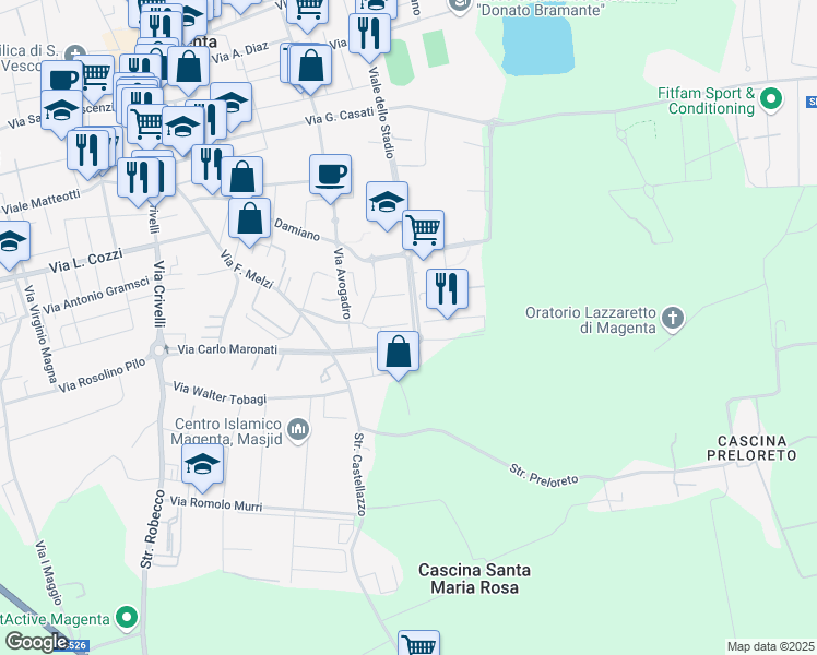 map of restaurants, bars, coffee shops, grocery stores, and more near 44 Via Antonio Meucci in Magenta