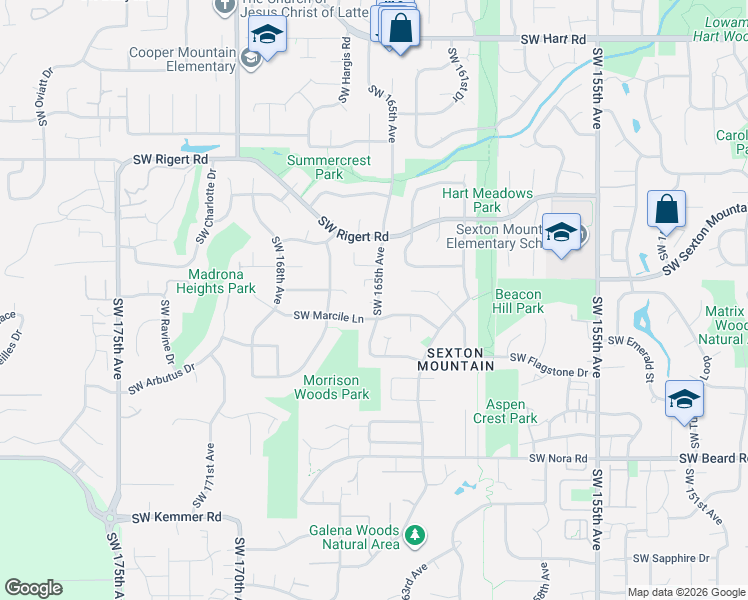 map of restaurants, bars, coffee shops, grocery stores, and more near 8595 Southwest 165th Avenue in Beaverton