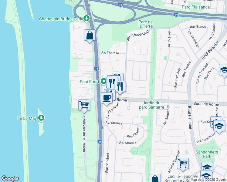 map of restaurants, bars, coffee shops, grocery stores, and more near 1200 Boulevard Rome in Brossard
