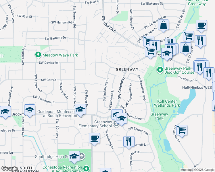 map of restaurants, bars, coffee shops, grocery stores, and more near 8610 Southwest Indian Hill Lane in Beaverton