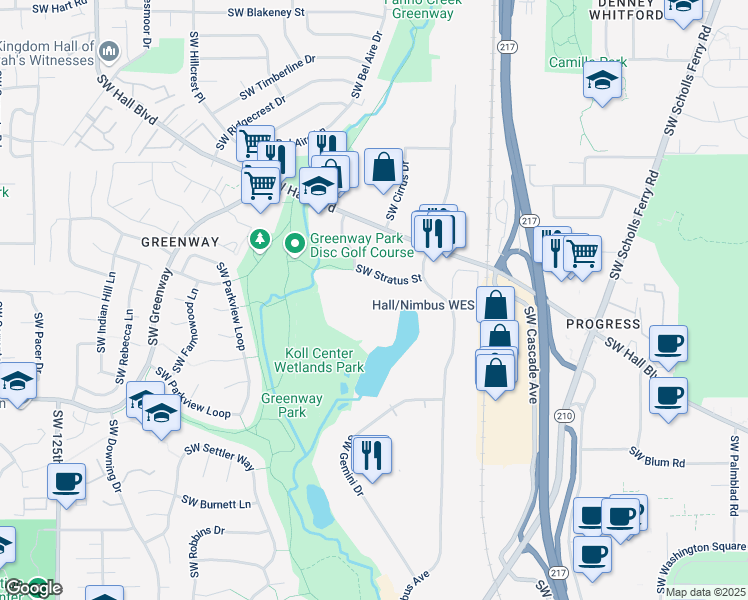 map of restaurants, bars, coffee shops, grocery stores, and more near 8500 Southwest Creekside Place in Beaverton