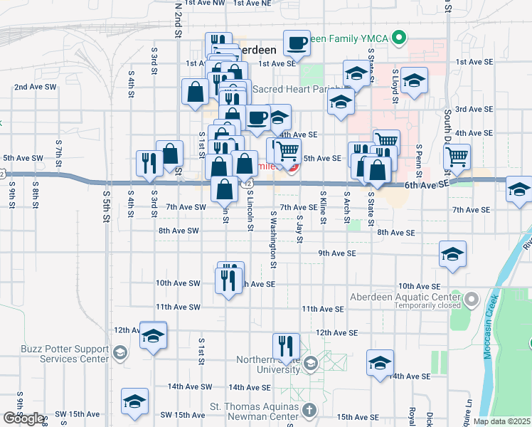 map of restaurants, bars, coffee shops, grocery stores, and more near 121 8th Avenue Southeast in Aberdeen