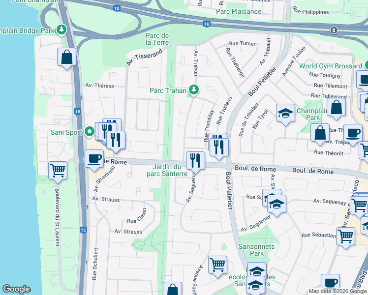 map of restaurants, bars, coffee shops, grocery stores, and more near 7750 Avenue Trahan in Brossard