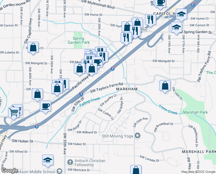 map of restaurants, bars, coffee shops, grocery stores, and more near 2834 Southwest Taylors Ferry Road in Portland