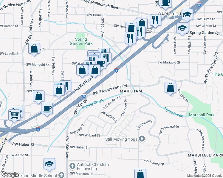 map of restaurants, bars, coffee shops, grocery stores, and more near Southwest Taylors Ferry Road in Portland