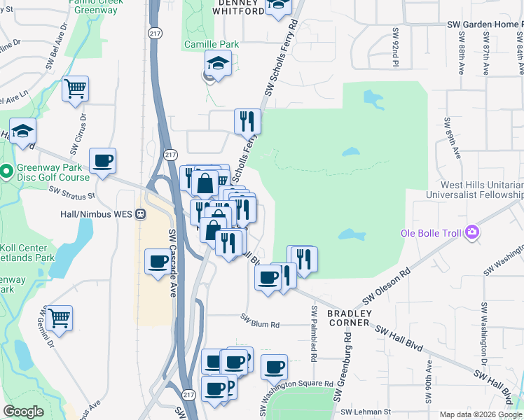 map of restaurants, bars, coffee shops, grocery stores, and more near 8625 Southwest Brightfield Circle in Portland