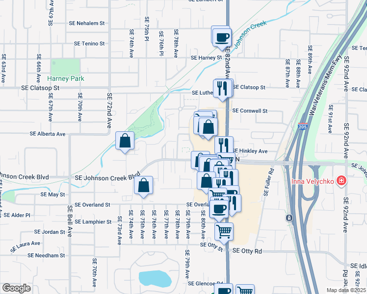 map of restaurants, bars, coffee shops, grocery stores, and more near 7833-7875 Southeast Johnson Creek Boulevard in Portland