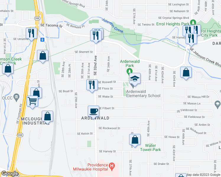 map of restaurants, bars, coffee shops, grocery stores, and more near 3410 Southeast Floss Street in Milwaukie