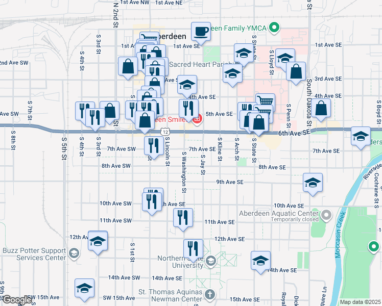 map of restaurants, bars, coffee shops, grocery stores, and more near 714 South Jay Street in Aberdeen