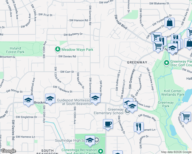 map of restaurants, bars, coffee shops, grocery stores, and more near 8625 Southwest Pacer Court in Beaverton
