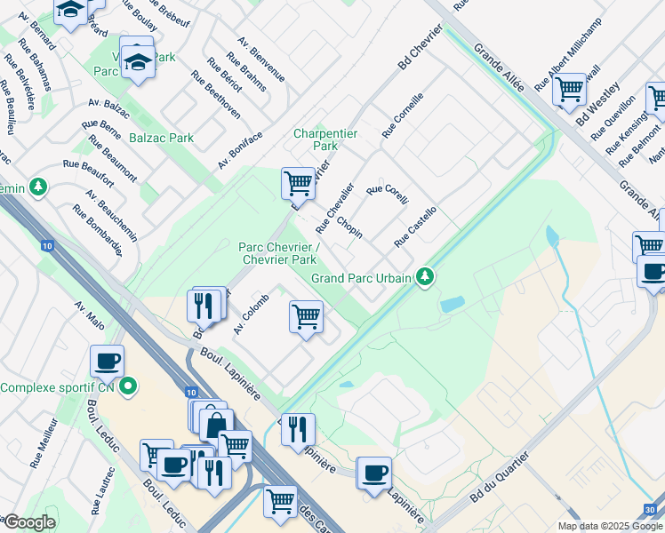 map of restaurants, bars, coffee shops, grocery stores, and more near 5870 Rue Chevalier in Brossard