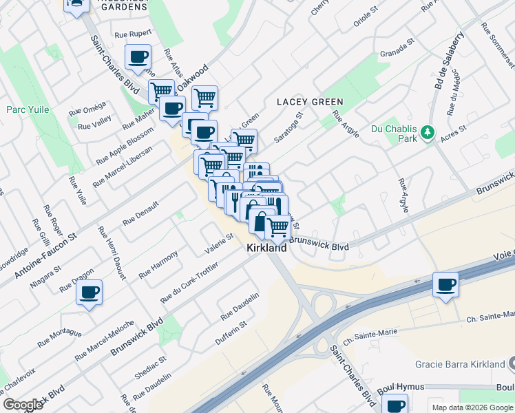 map of restaurants, bars, coffee shops, grocery stores, and more near 120 Rue du Barry in Kirkland