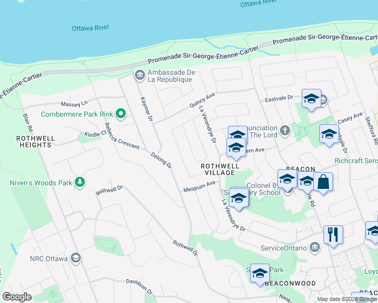 map of restaurants, bars, coffee shops, grocery stores, and more near 619 Duff Crescent in Ottawa