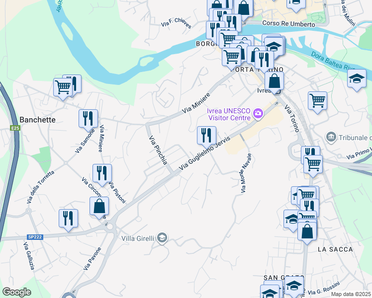 map of restaurants, bars, coffee shops, grocery stores, and more near Via G. Jervis in Ivrea