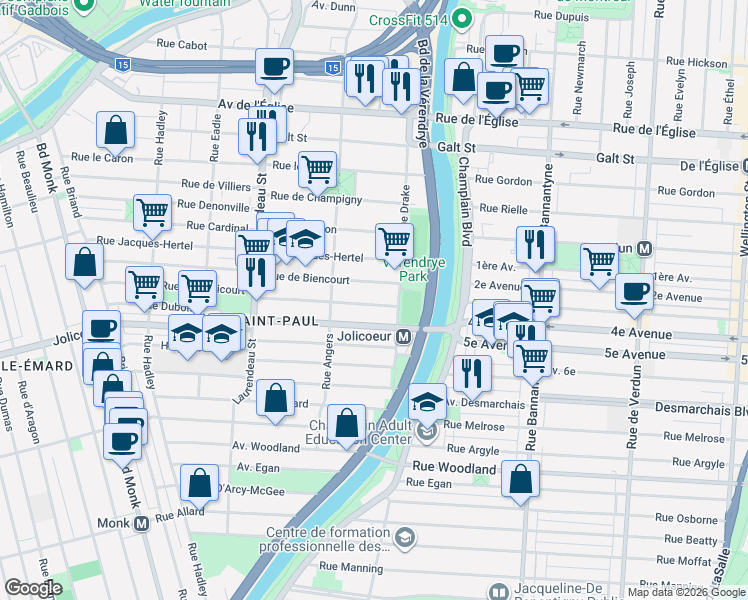 map of restaurants, bars, coffee shops, grocery stores, and more near 1477 Rue de Maricourt in Montréal