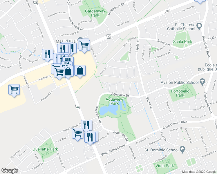 map of restaurants, bars, coffee shops, grocery stores, and more near 2220 Bois-Vert Place in Ottawa