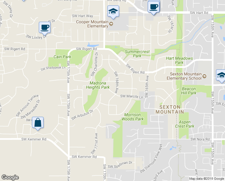 map of restaurants, bars, coffee shops, grocery stores, and more near 16909 Southwest Marcile Lane in Beaverton