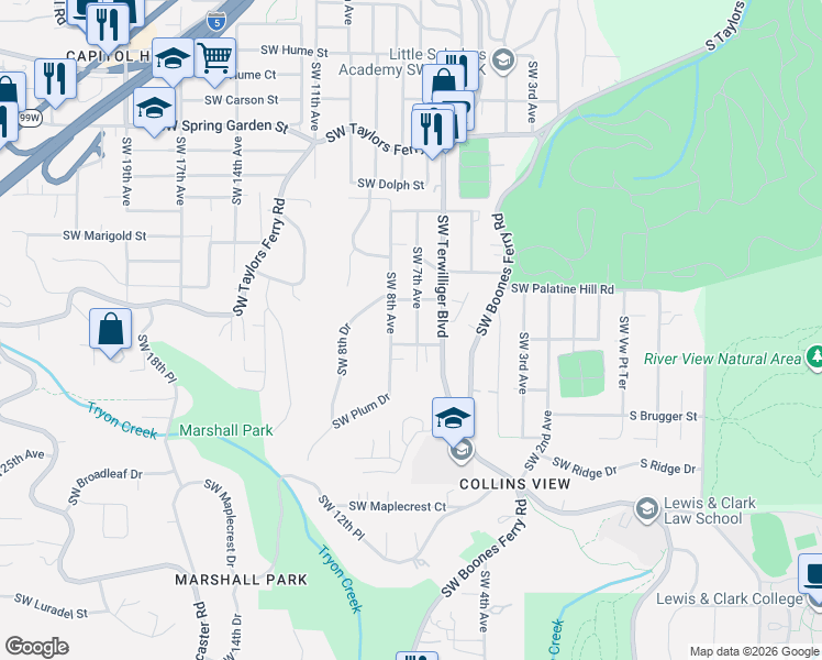 map of restaurants, bars, coffee shops, grocery stores, and more near 9280 Southwest 8th Avenue in Portland