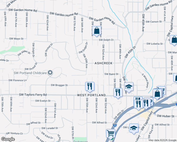 map of restaurants, bars, coffee shops, grocery stores, and more near 5424 Southwest Baird Street in Portland